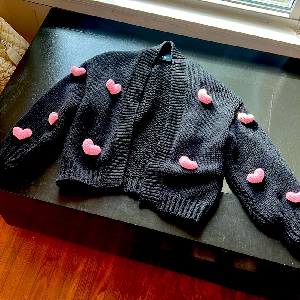 Authentic Black Maeve by Anthologie Sweater withh puffy pink sweater hearts
